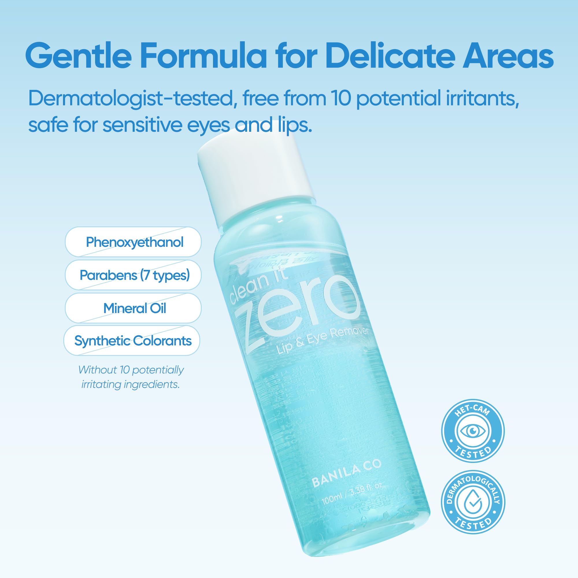 BANILA CO Clean it Zero Lip & Eye Remover | Gentle Bi-Phase Makeup Remover for Waterproof Eye & Lip Makeup | Vegan, Non-Irritating Formula with Coconut & Jojoba Oils (100ml / 3.38 fl.oz) - Image 5